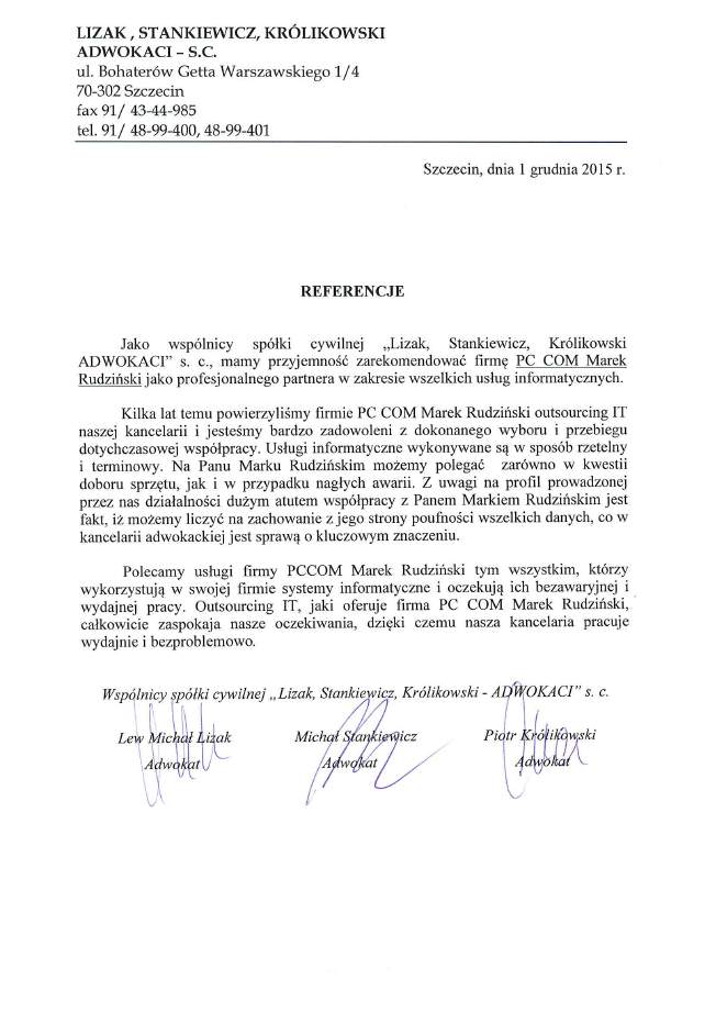 List referencyjny od Kancelarii Adwokackiej Lizak Stankiewicz Królikowski